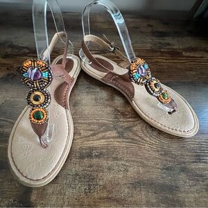 BOC Brown Leather Beaded and Jeweled Thong‎ Toe Sandals Women's 8